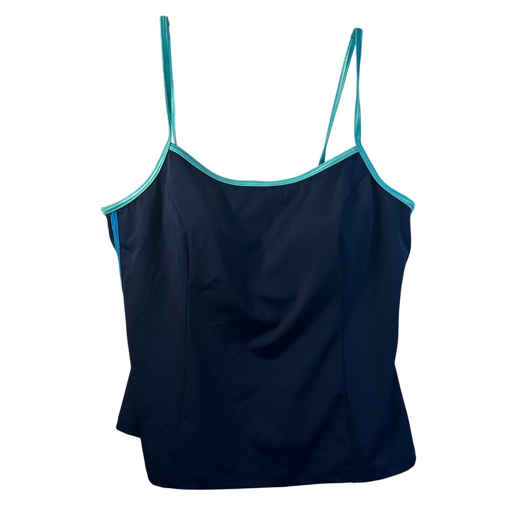 It Figures! Navy Blue Tankini Swim Top Turquoise Stripes Size 16 3722006‎